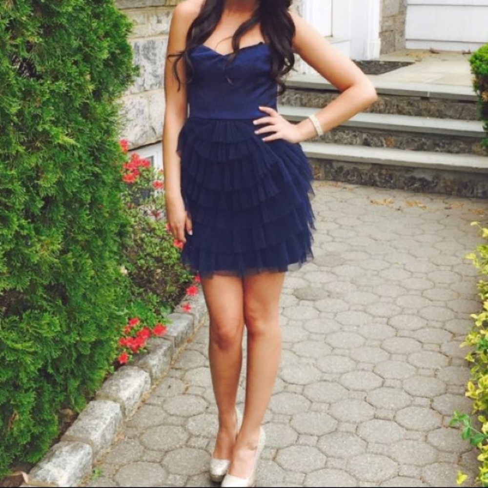 BCBG Navy Tulle Ruffle Strapless Dress